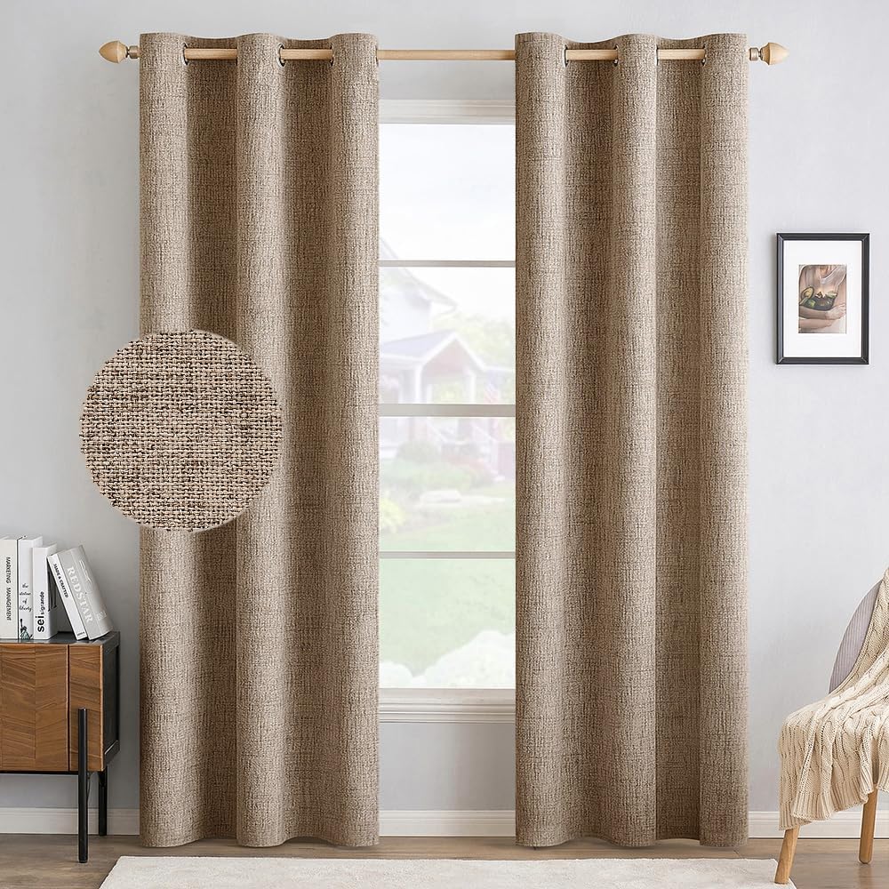 MIULEE 100% Blackout Linen Textured Curtains - Thermal Insulated Copper Brown Grommet Drapes | 42 x 90 Inch (2 Panels)