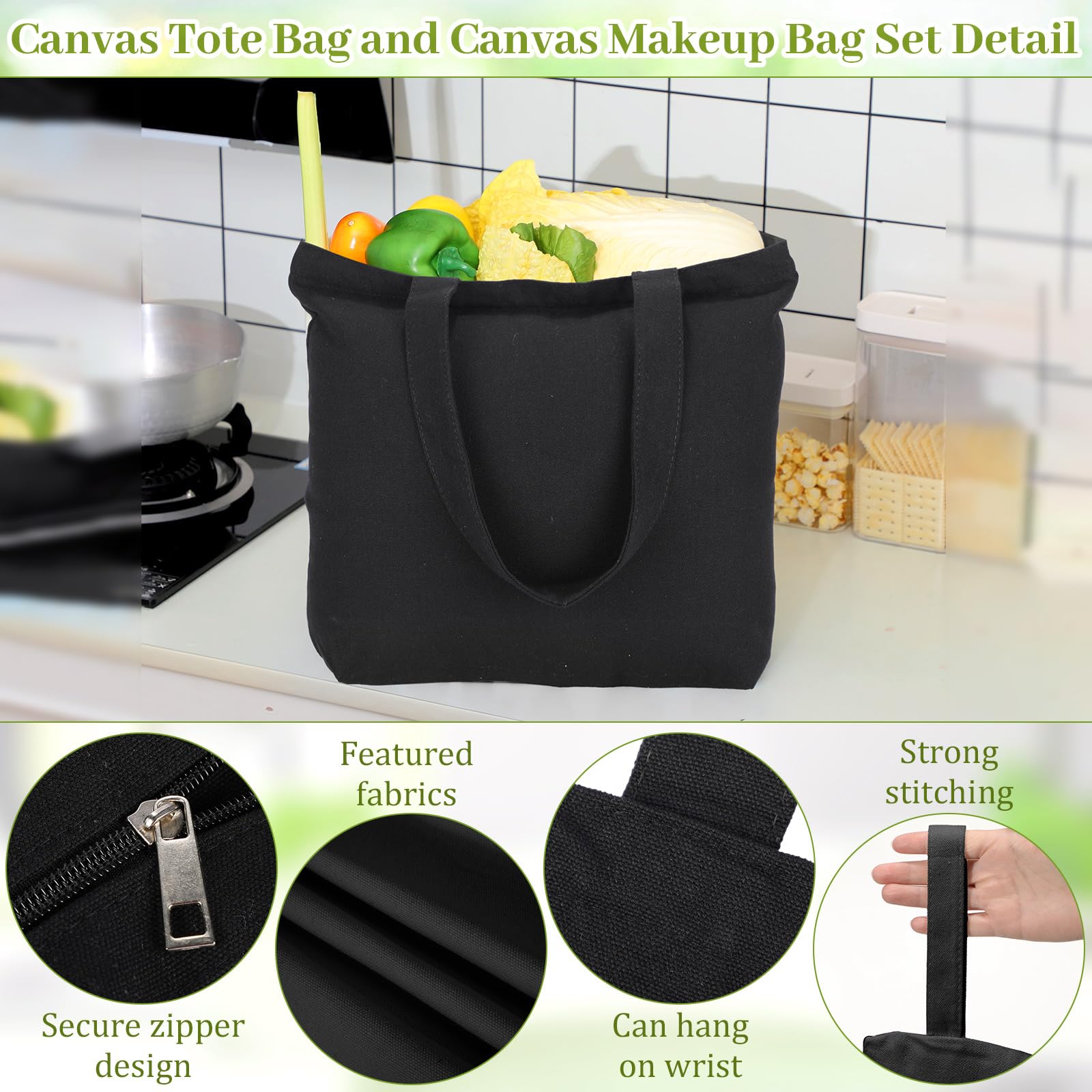 Silkfly 30 Pcs Tote Bag with Zipper, Cotton Canvas Makeup Bag Kitchen Reusable Grocery Pouch Blank Canvas Totes with Handles (16.5 x 3.9 x 13 in,Black)
