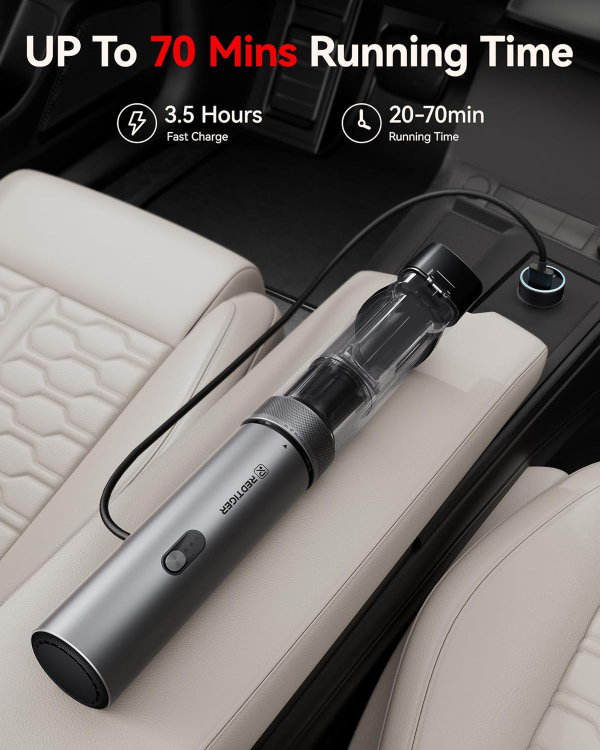 REDTIGER Cordless Car Vacuum - 21000PA Portable Handheld Cleaner with 70 Min Runtime | Fast USB-C Charge, Lightweight 4-in-1 Design