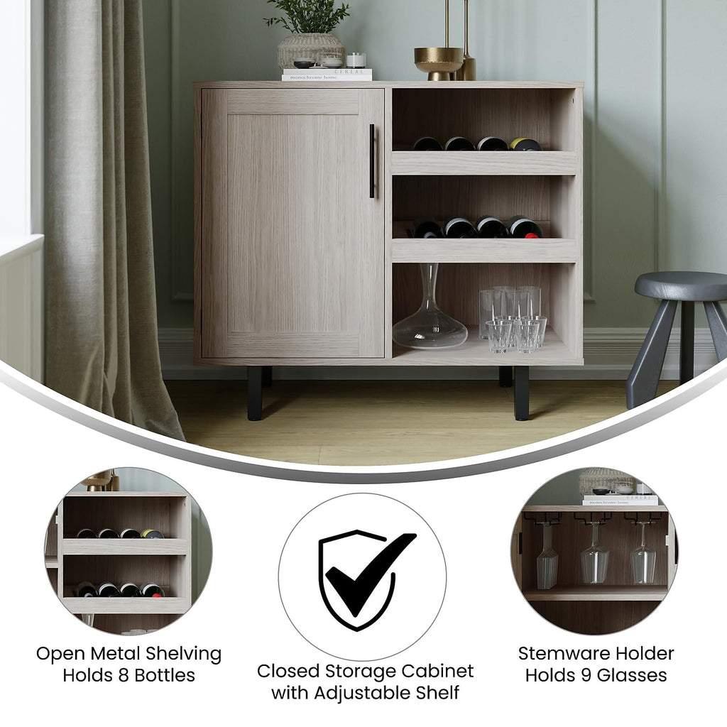 Flash Furniture Elmont Bar and Sideboard with Bottle and Stemware Storage, Open Lower Shelf, 2 Open Bottle Shelves, 3 Cabinet Stemware Hangers, Gray