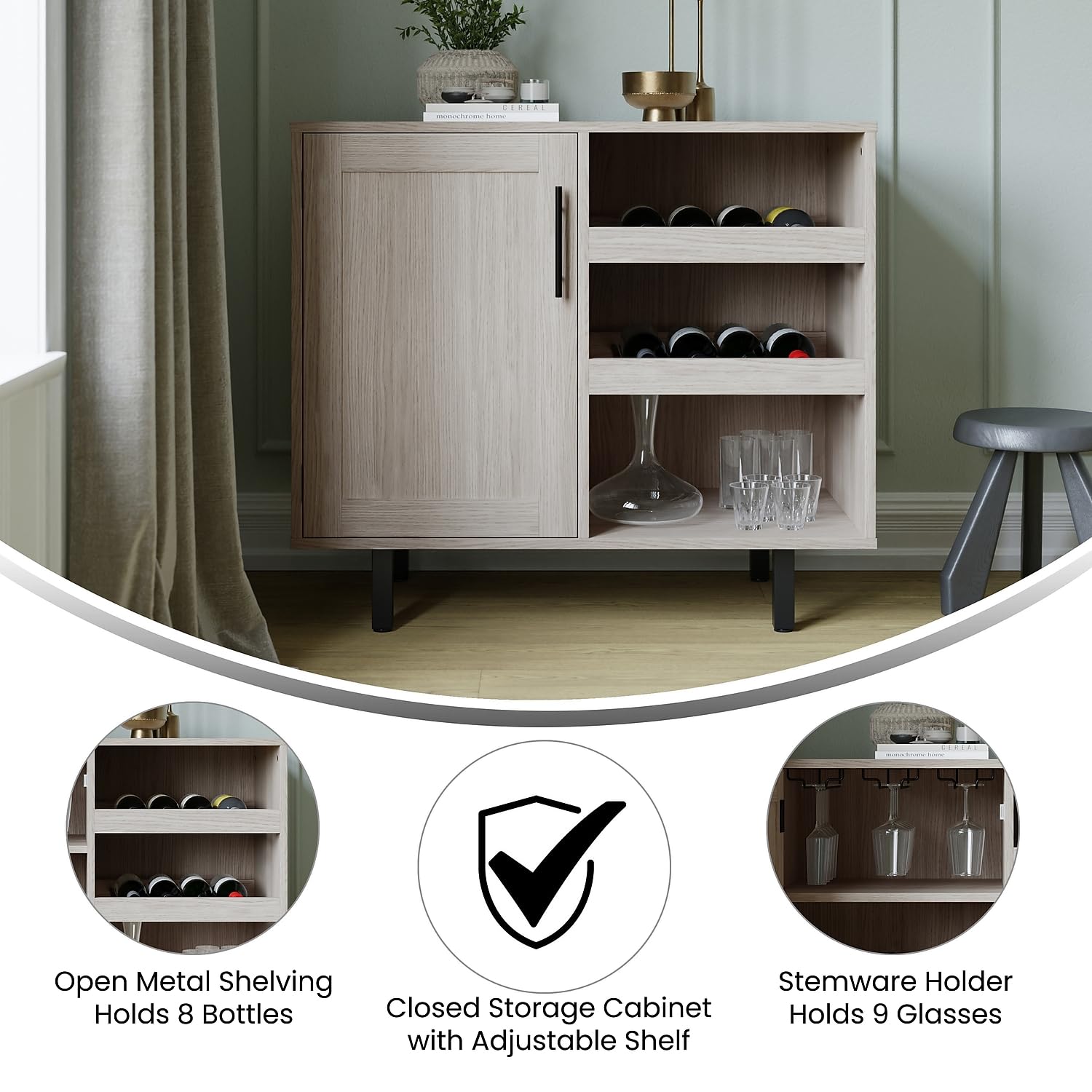 Flash Furniture Elmont Bar and Sideboard with Bottle and Stemware Storage, Open Lower Shelf, 2 Open Bottle Shelves, 3 Cabinet Stemware Hangers, Gray