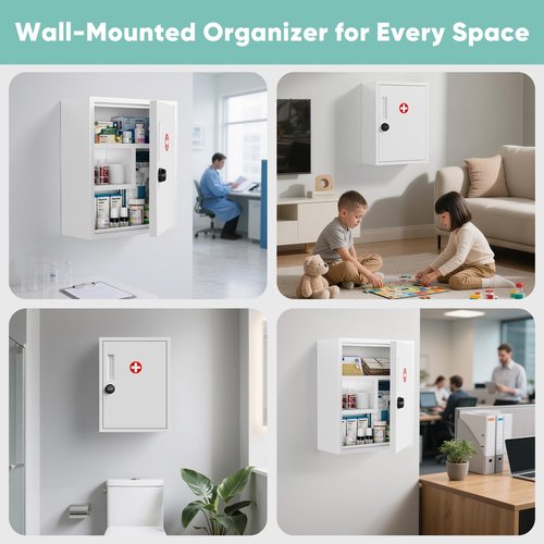 POKIPO Locking Medicine Cabinet, Empty Metal Medicine Storage Box Wall Mount with All-Metal Digit Lock Keyless, Bathroom Cabinet Organizer Over The Toilet, First Aid Box for Home School Business