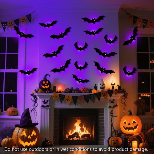 Kelumi Halloween Bats Fairy Lights Wall Decor, 20 Packs Lighted Bats Stickers with Timer Halloween Party Wall Window Indoor Home Decorations