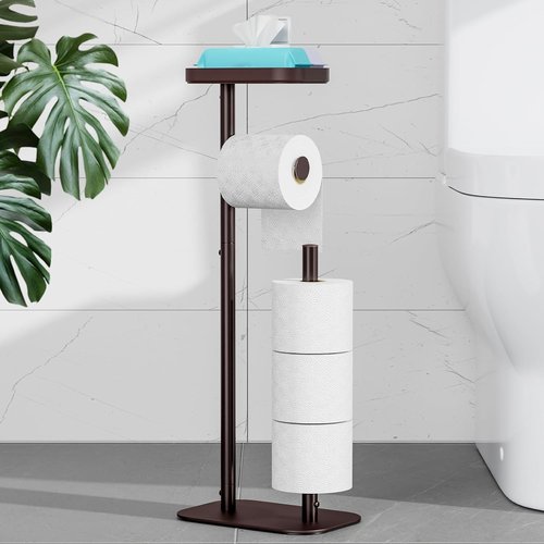 Kitsure Free Standing Toilet Paper Holder - Rustproof Metal Stand for 4 Rolls with Anti-Slip Base & Shelf, Medium Brown