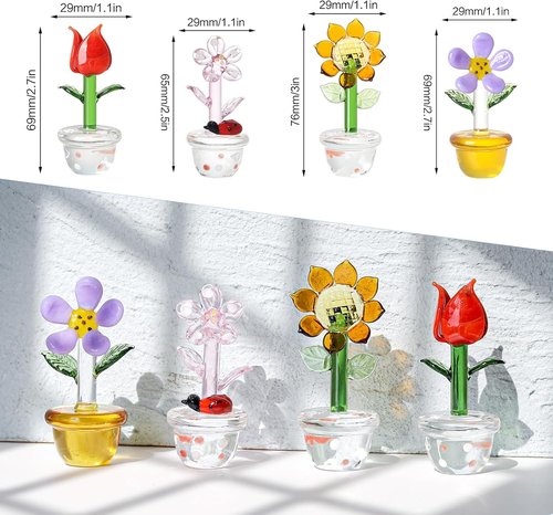 LONGWIN Mini Crystal Flower Figurines - Hand Blown Glass Spring Bouquet | 4pcs Collectible Home Decor Gift