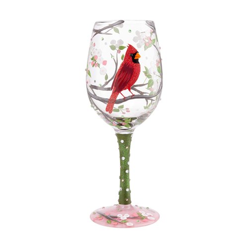 Enesco Designs by Lolita Cardinal Bird with Cherry Blossoms Beauty Artisan Hand-Painted Wine Glass, 15 Ounce, Multicolor