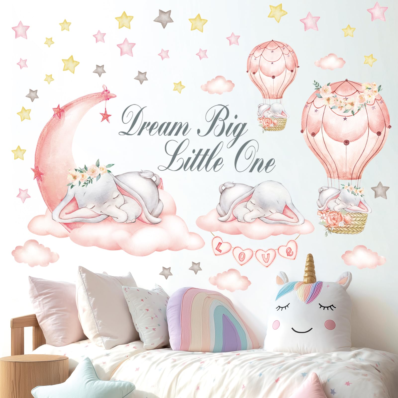 DECOWALL Dream Big Little One Wall Decals – Elephant Moon and Stars Nursery Wall Stickers, Peel and Stick Removable Baby Girl Room Decor for Kids Bedroom (SG-2203)