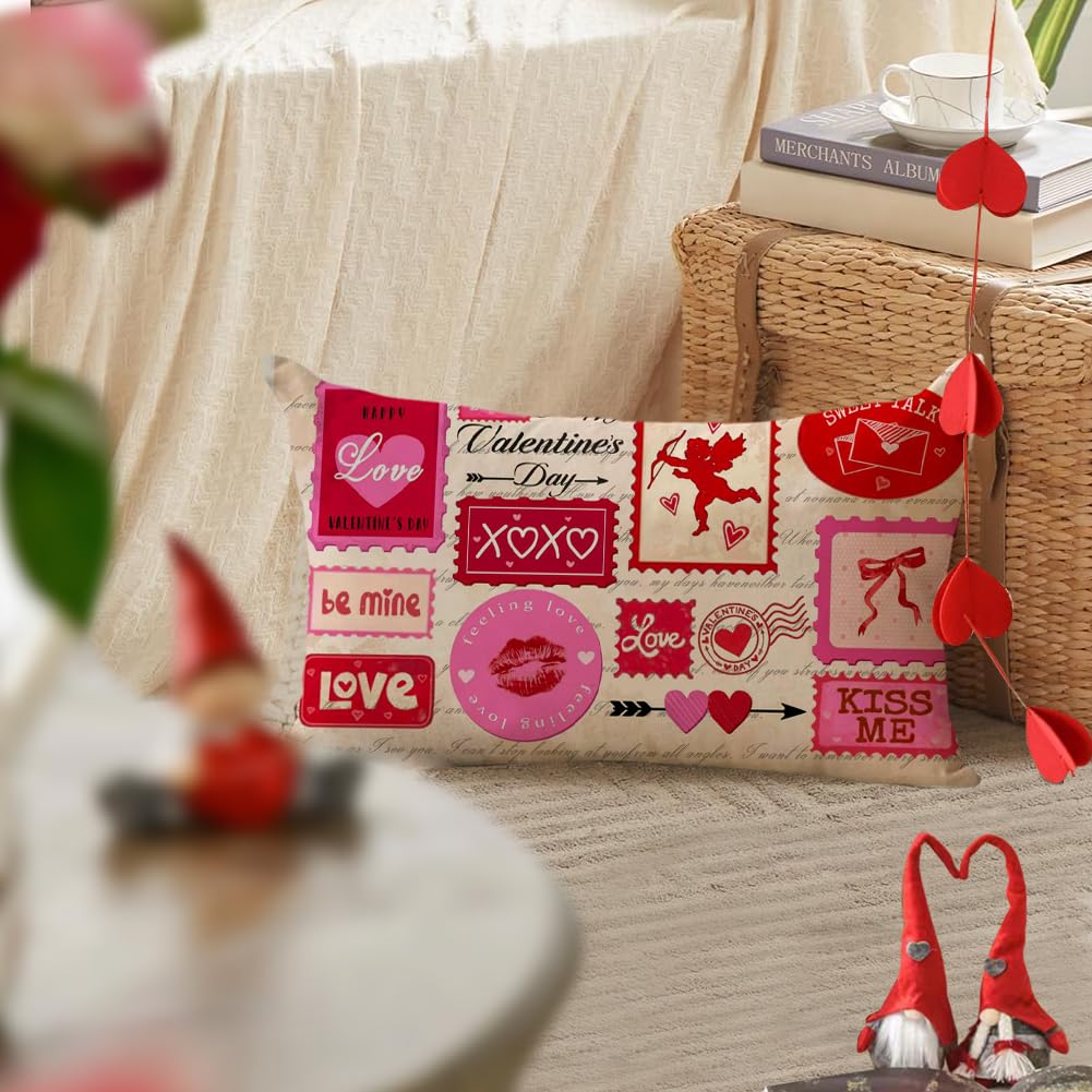 ARGOOFG Valentines Pillow Cover12 x 20 Inch, Be Mine XOXO Love Heart Throw Decorative Cushion Cases Valentine Day Pink Decoration for The Home Sofa Couch