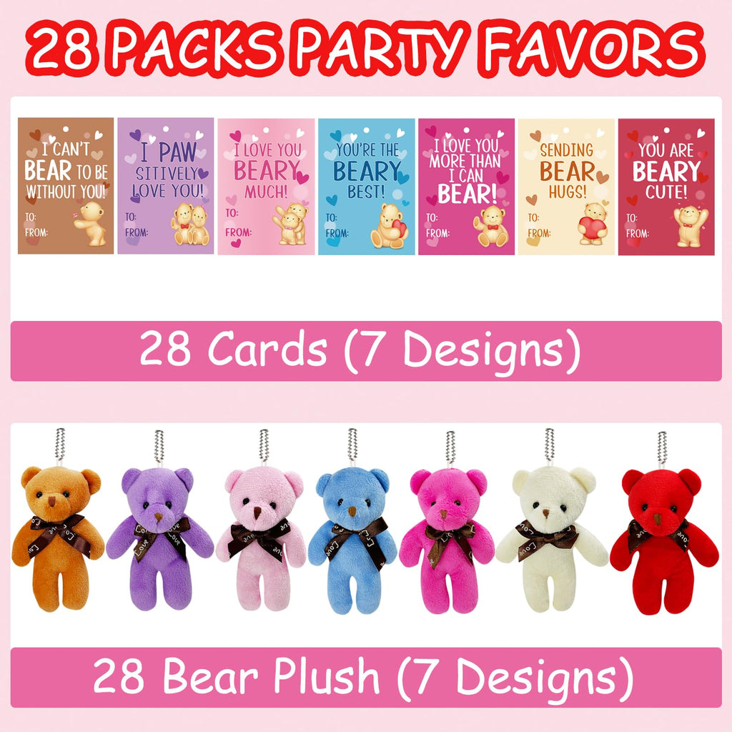 AouEtnay 28 Pack Valentines Day Gifts Cards with Plush Bears Toys, Mini Stuffed Animals with Valentine's Greeting Cards for Kids Classrom School Exchange Prize Party Favors