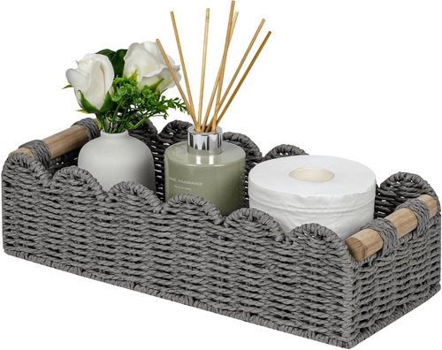 CubesLand Scalloped Edge Toilet Paper Storage Basket - Cozy Home Decor with 2 Wooden Handles | Grey