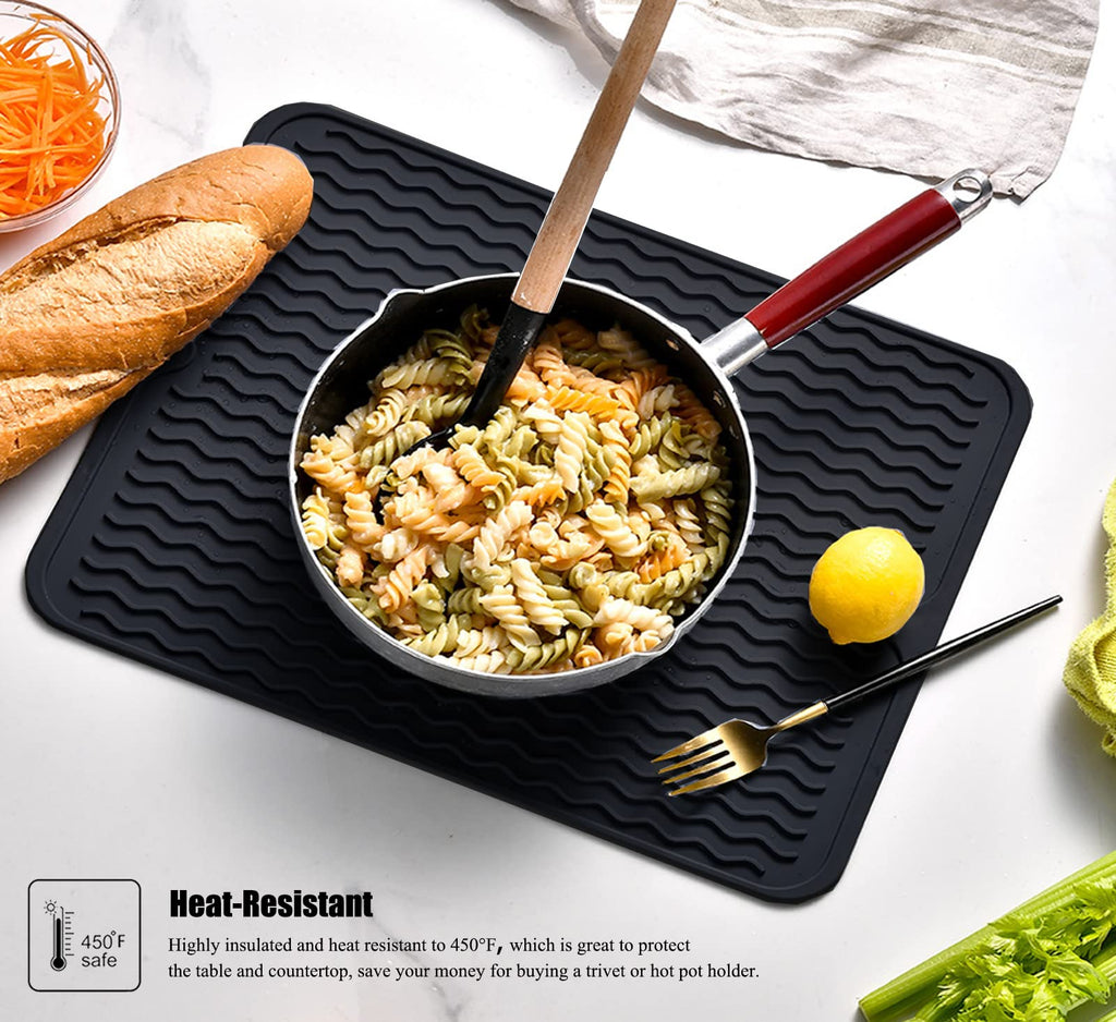 Large 24" x 18" Silicone Dish Drying Mat for Kitchen Counter, Easy clean, Quick Dry, Heat-resistant Dish Drainer Mat for Sink,Refrigerator or Drawer liner (Food Grade Silicone-Black)