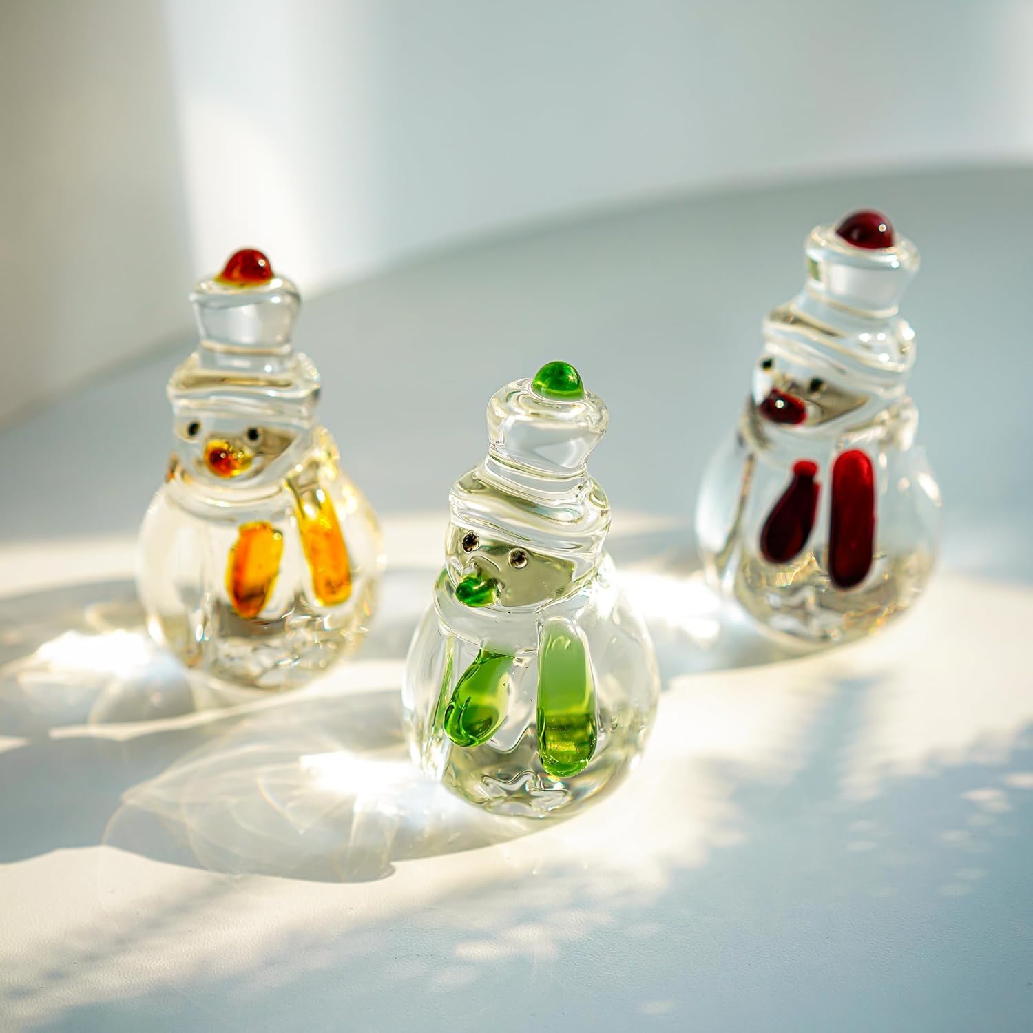 Skiennix Glass Snowman Figurines - Handmade Christmas Decorations | Set of 3, 1.6'' x 4.2''
