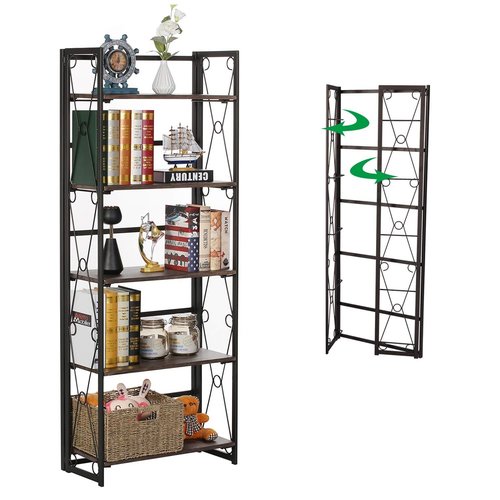 VECELO Folding Bookshelf, 5 Shelf Folding Bookcase No Assembly, Industrial Metal Freestanding Shelves Rack Organizer for Living Room, Office, Bedroom, Kitchen