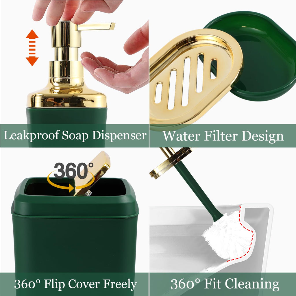 XLHOMO Bathroom Set - Dark Green Bathroom Sets with Shower Curtain and Rugs, 24PCS Shower Curtain Set with Hooks, Soap Dispenser, Soap Dish, Toilet Brush Holder and Trash Can for Housewarming