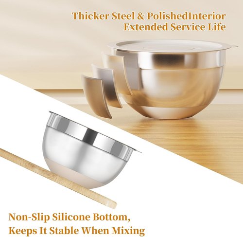 Fyrnova Mixing Bowls Set - 6-Piece Stainless Steel Nesting Bowls with Lids & Grater Attachments | Non-Slip Bottoms