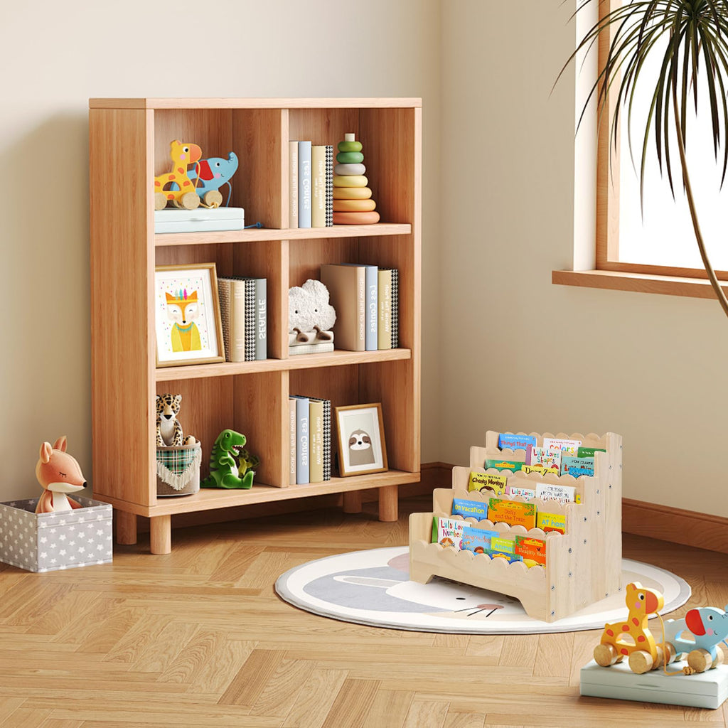 5 Tier Small Wooden Scalloped Shelf for Toddler 1-5 Years, Kids Bookshelf Children Montessori Bookshelf, Durable Baby Toddler Bookcase for Nursery Playroom, 16.9*11.4*15.7"