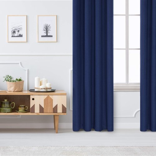 Deconovo Faux Linen Total Blackout Curtains Grommet Noise Reducing Panels with Black Backing for Living Room，2 Panels，Navy Blue，52Wx95L Inch
