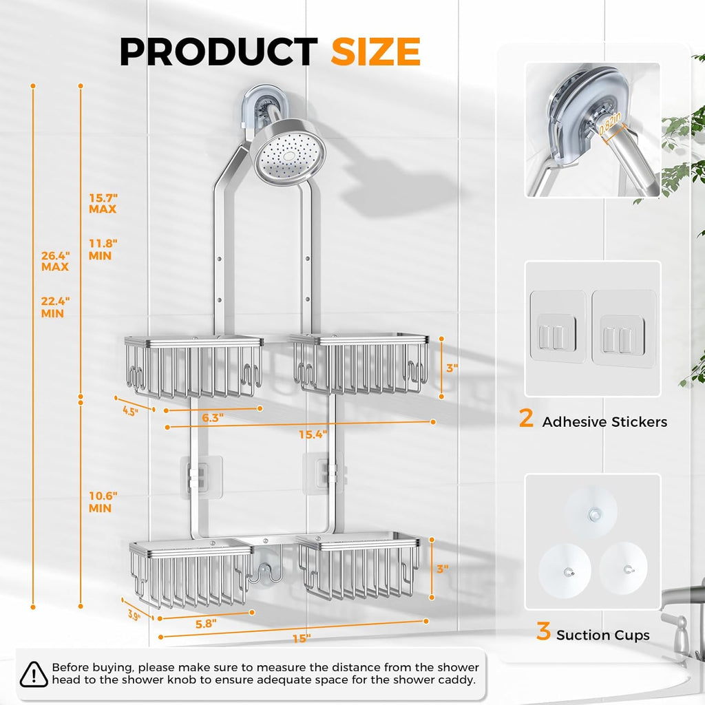 Reinhardt Aluminum Shower Caddy - Rustproof Adjustable Hanging Organizer with Hooks | Silver Finish