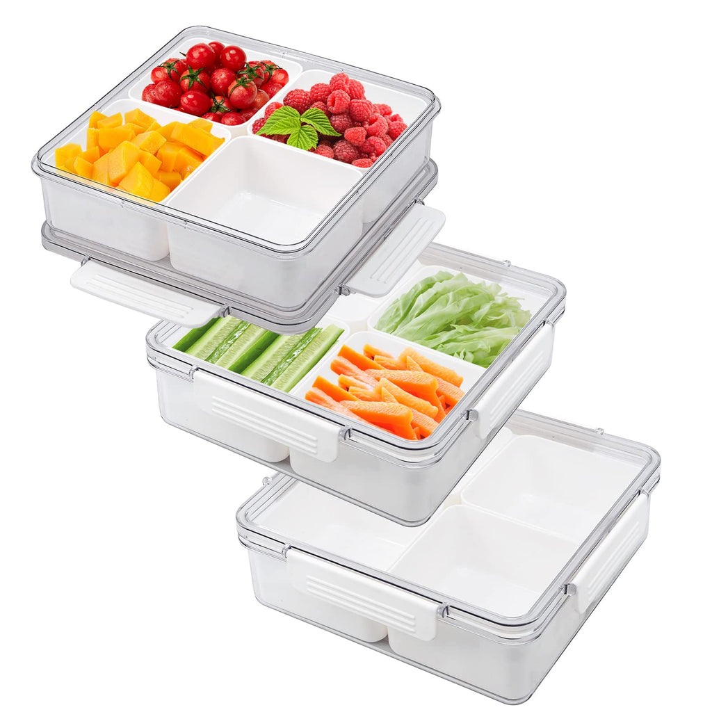 MineSign 3Pack Snackle Box Divided Veggie Serving Tray with Lid Salad Keeper with 4 Removable Boxes Stackable Refrigerator Organizer Bins Produce Saver for Meal Prep Fruit Vegetable Lunch Meat