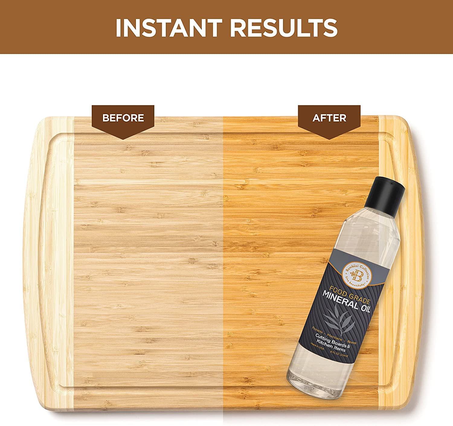 Mineral Oil for Wood Cutting Board - Food Grade Butcher Block Oil Conditioner, Cutting Board Oil for Bamboo, Teak, Wood Countertops, Knives, Utensils, Meat Grinder, Soapstone, Marble, 8 oz by Bambusi