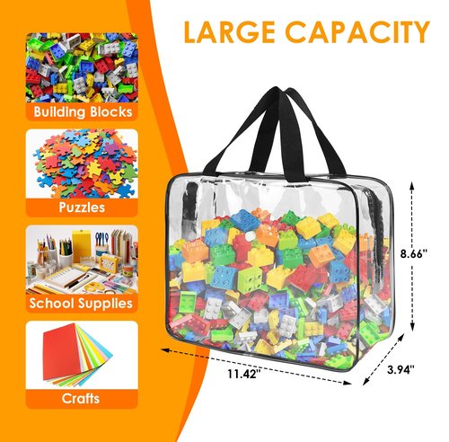6 Packs Clear Toy Storage Bags, Large Transparent PVC Toy Organizing Bags with Zipper, Reusable Waterproof and Dust-Proof Toy Organizer Pouch for Building Blocks, Puzzles, Small Toys, and Kids Books