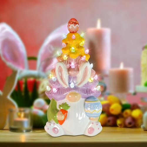 Easter Decorations | Skiennix Light-Up Bunny & Gnome Ceramic Tree Centerpieces for Home