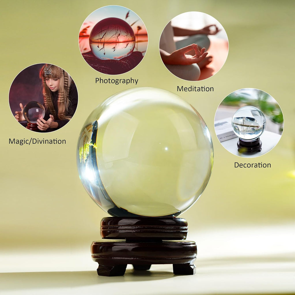 Skiennix 150mm Clear Crystal Ball - Mystical Quartz Sphere with Wooden Stand for Fortune Telling & Photography