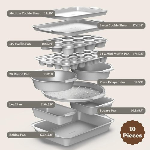 Country Kitchen Nonstick Bakeware Set - Heavy Duty & Durable 10-Piece Stackable Baking Set, Silver
