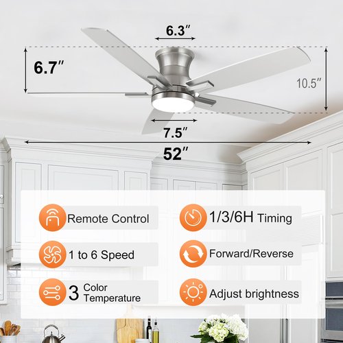 52 Inch Flush Mount Brushed Nickel Ceiling Fan with Light and Remote Control.Noiseless,Dimmable,3CCT,6 Speeds Reversible, Low Profile DC Ceiling Fans for Indoor or Covered Outdoor Use,ETL Listed