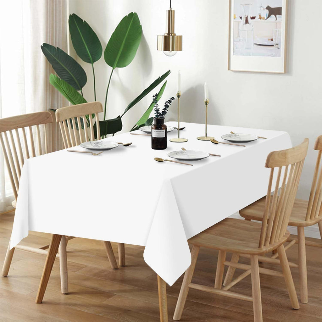 QIKSION Disposable White Plastic Tablecloths - 54 x 108 Inch, Perfect for Parties & Picnics | 2 Pack