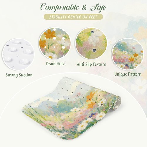 SHUCHING Colorful Flower Bath Mat for Tub Non Slip-40 X 16Inch, Bathtub Mat Anti Slip for Women, Extra Long Shower Mat for Bathroom Mold Free, Machine Washable