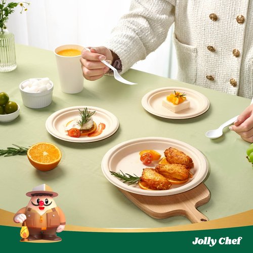 JOLLY CHEF Compostable Heavy Duty Plates 𝟳 𝗶𝗻𝗰𝗵 𝗮𝗻𝗱 𝟵 𝗶𝗻𝗰𝗵 [𝟭𝟮𝟬 𝗣𝗮𝗰𝗸] Eco-Friendly Disposable Paper Plates Bagasse Biodegradable Sugarcane for Party Hot Cold Foods Christmas(Brown)