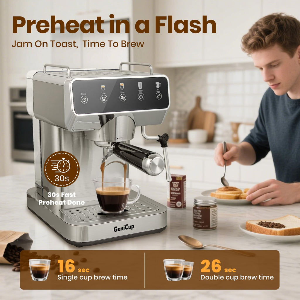 GeniCup Expresso Coffee Machines with Touchscreen 20 Bar Professional Espresso Maker with Milk Frother & Hot Water, Stainless Steel Coffee Maker for Latte Americano, Cappuccino Machine for Home Office