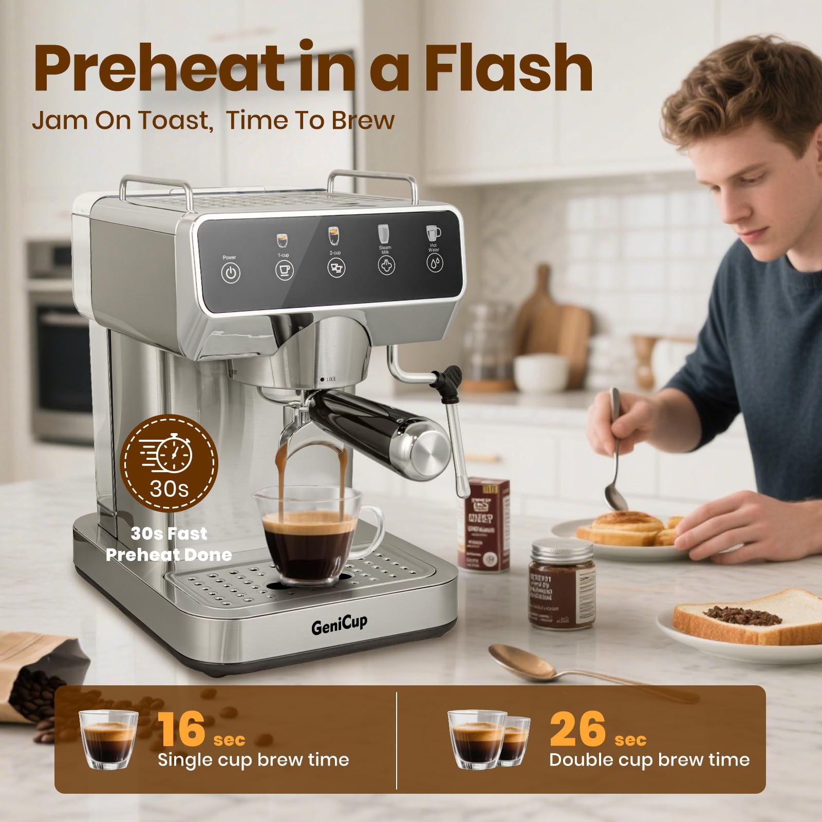 GeniCup Expresso Coffee Machines with Touchscreen 20 Bar Professional Espresso Maker with Milk Frother & Hot Water, Stainless Steel Coffee Maker for Latte Americano, Cappuccino Machine for Home Office