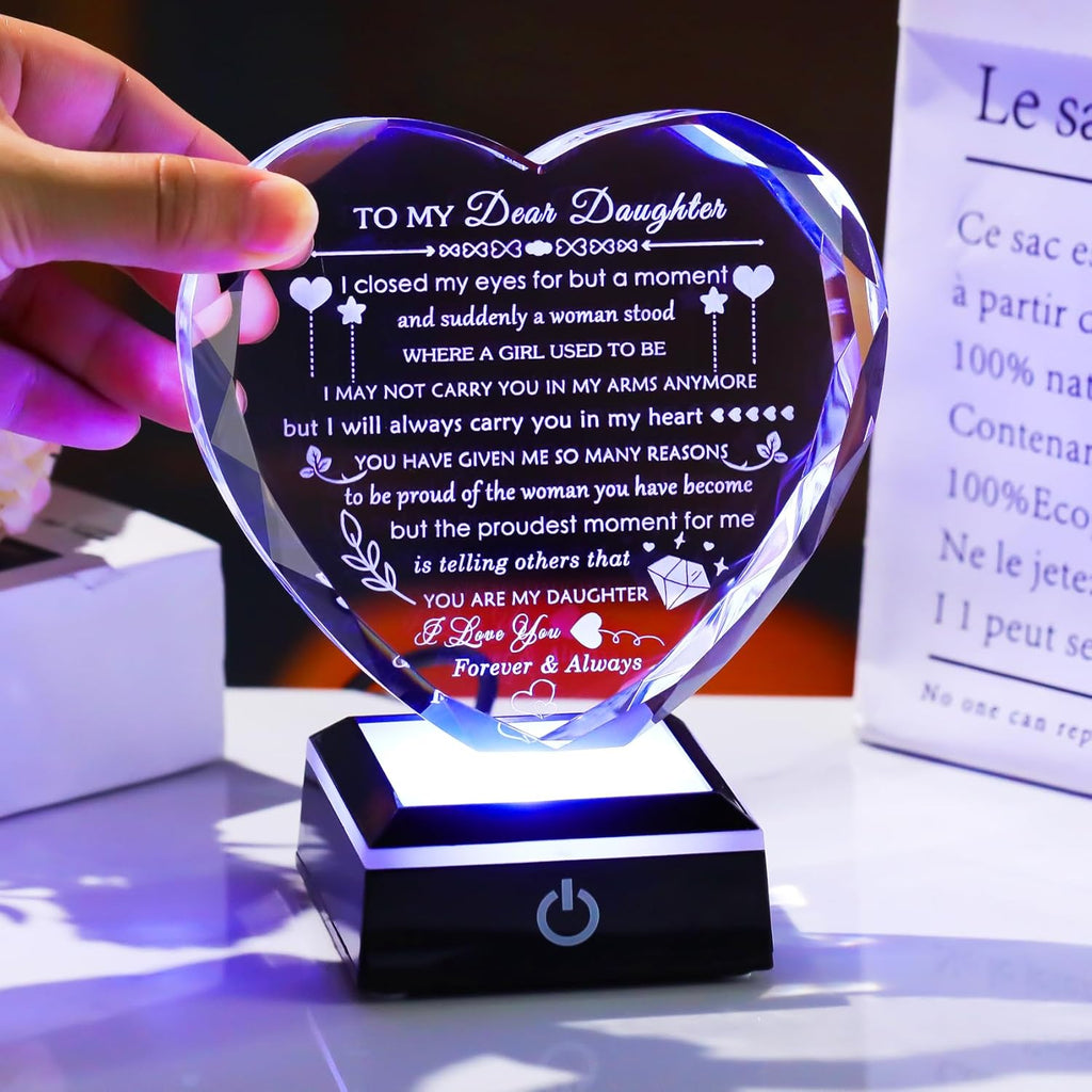 YWHL Heart Crystal Gift for Daughter - Colorful LED Base | Perfect Birthday & Holiday Present