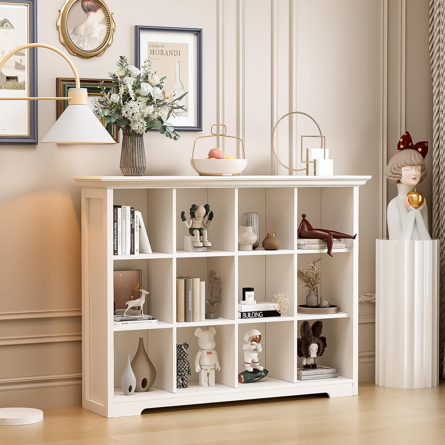 OSCHF Wooden Cube Bookcase - Modern 3-Tier Floor Standing Shelf Cabinet, 12-Cube Design in Warm White