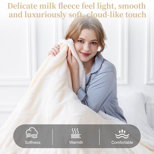 Electric Heated Throw Blanket 50" x 60", Soft Plush Flannel & Sherpa Electric Blanket with 8 Heat Settings, 1-12H Auto-Off, Fast & Even Heating, Machine Washable, Ideal for Home & Office, Beige
