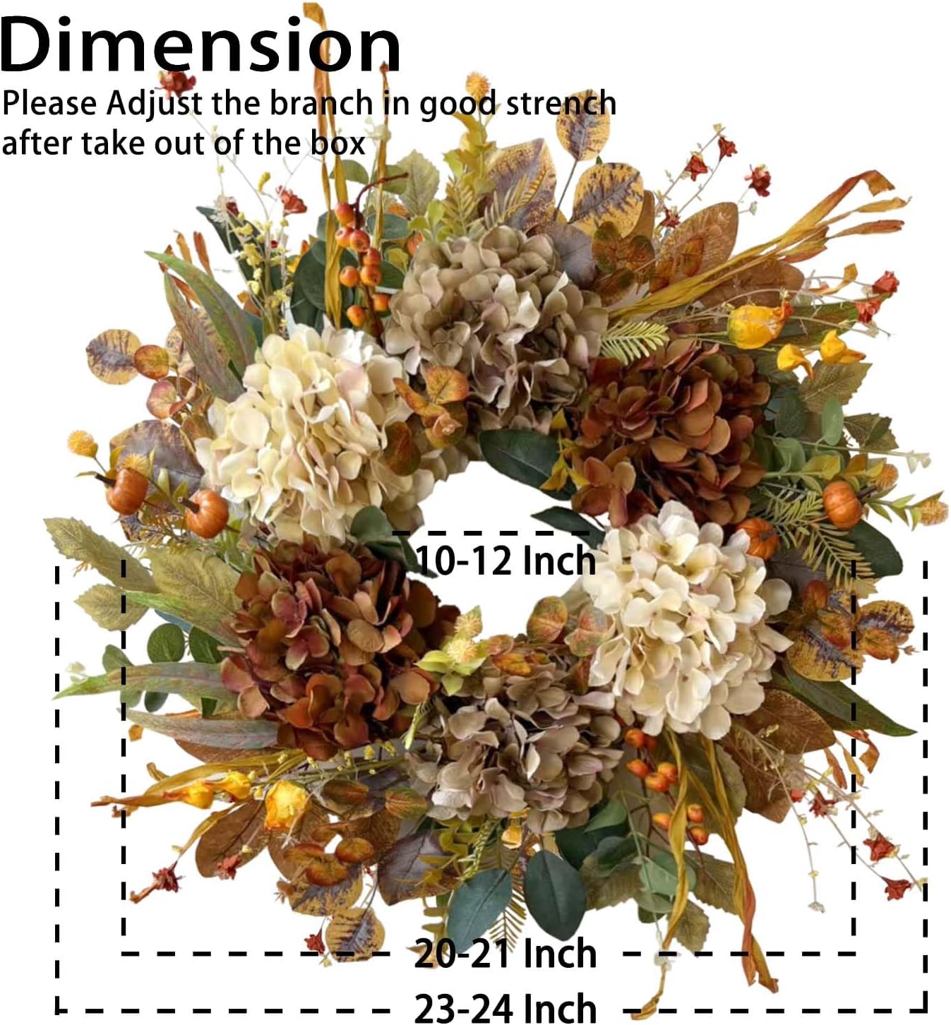 WANNA-CUL 24 Inch Fall Wreath - Hydrangea & Pumpkins | Perfect Autumn Decor for Front Door