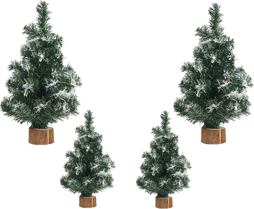 Skiennix Mini Christmas Trees - 4pcs Simulated Snow Pine Decor with Wooden Base | 7.87/11.81 Inch