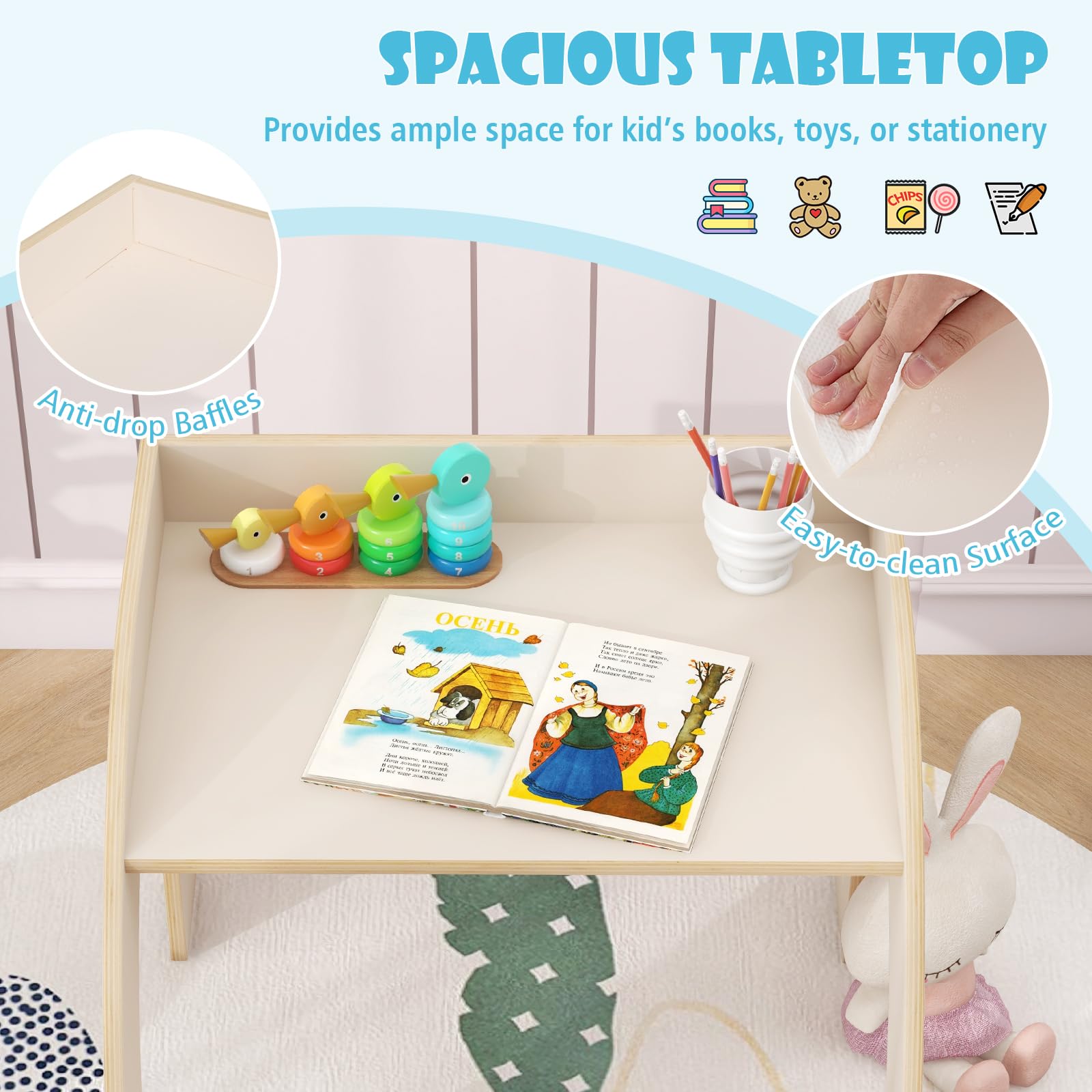 Costzon Kids Table and Chairs, Montessori Weaning Wooden Desk and Chair w/Wide Tabletop, Curved Edges, Space-Saving Design for Kids' Room, Nursery and Playroom, Toddler Table and Chair Set (Beige)