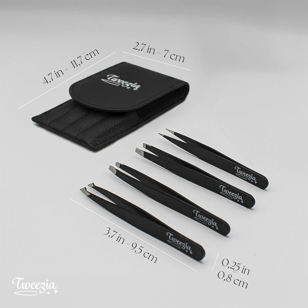 TWEEZIA Stainless Steel Tweezer Set - 4 Precision Tweezers with Mirror & Leather Case | Ideal for Eyebrows, Ingrown Hairs & Splinters