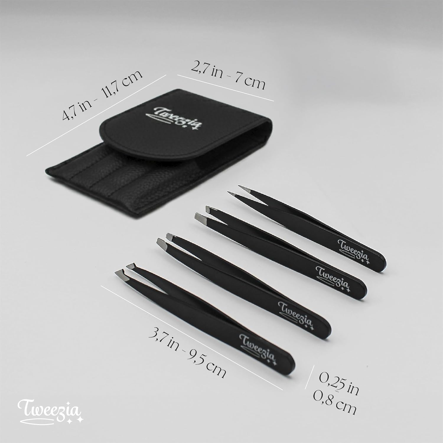 TWEEZIA Stainless Steel Tweezer Set - 4 Precision Tweezers with Mirror & Leather Case | Ideal for Eyebrows, Ingrown Hairs & Splinters
