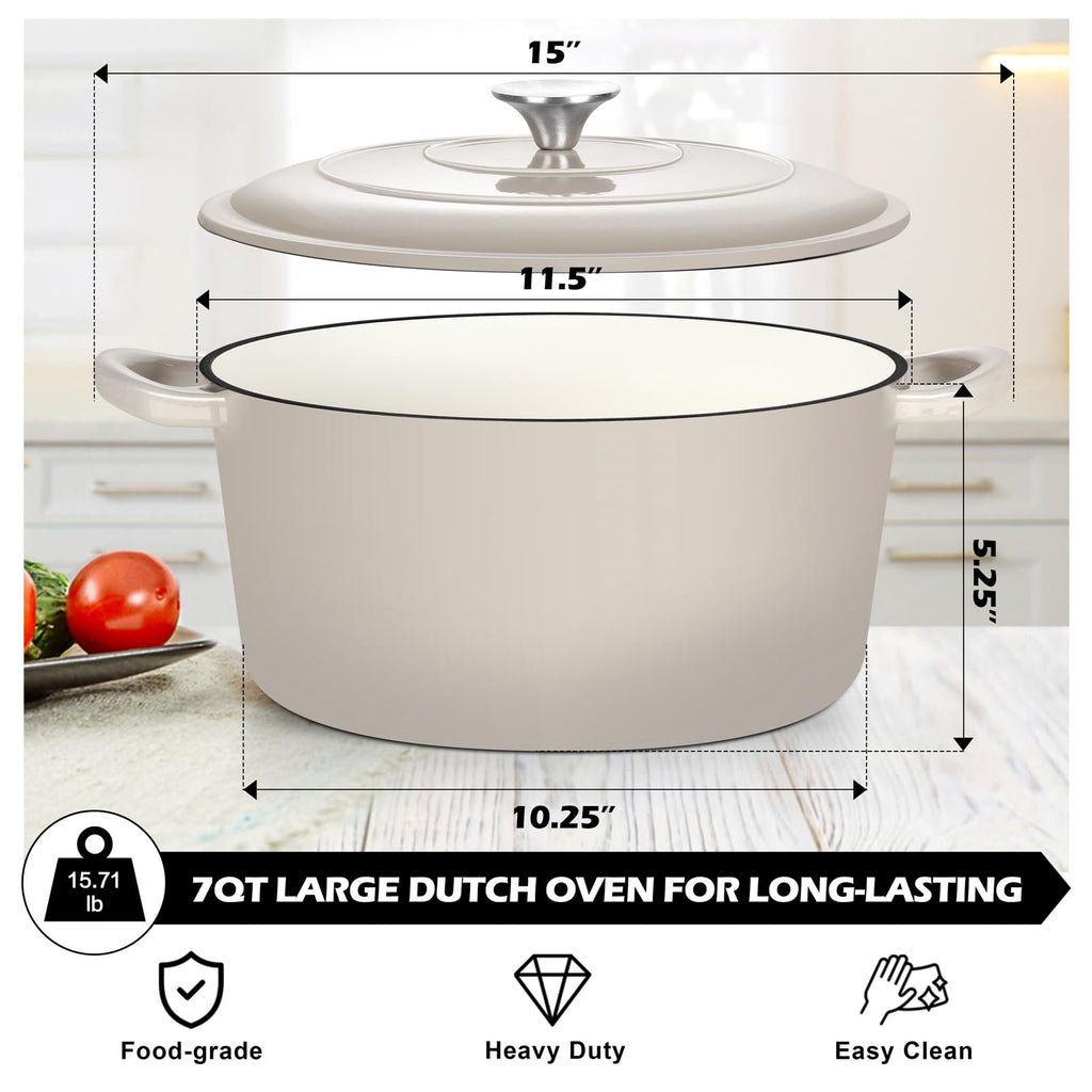 TeamFar Enameled Cast Iron Dutch Oven, 7qt Dutch Oven Pot Nonstick Cookware with Lid & Dual Handles for Bread Baking, Cooking, Oven Safe up to 500℉ & Various Stovetops, Healthy & Heavy Duty - Khaki