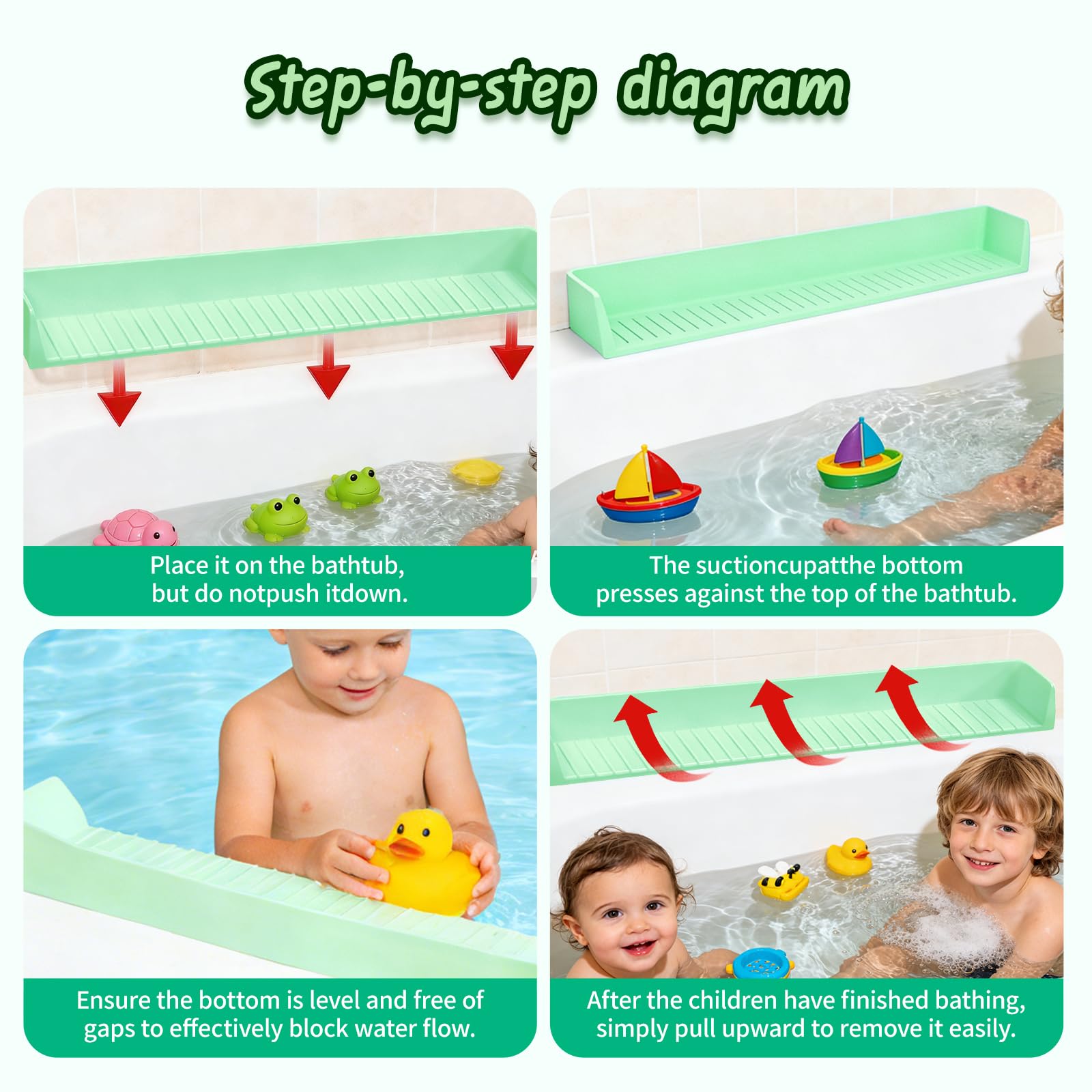 Bathtub Splash Guard for tub Kids& Bath Shelf for Kids – Toddler Bath Tray, Bath Toys Storage & Ledge Organizer – Splash Guard for Bathtub with Suction Cups – Kids Bathroom Accessories(2.6FT, Green)