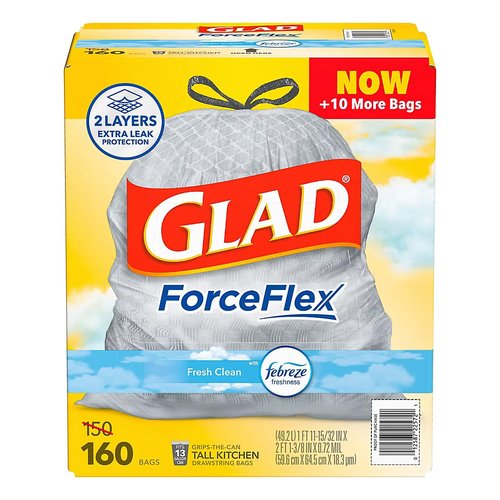 Glad ForceFlex Tall Kitchen Drawstring Trash Bags - Fresh Clean with Febreze, 160 ct./13 gal.