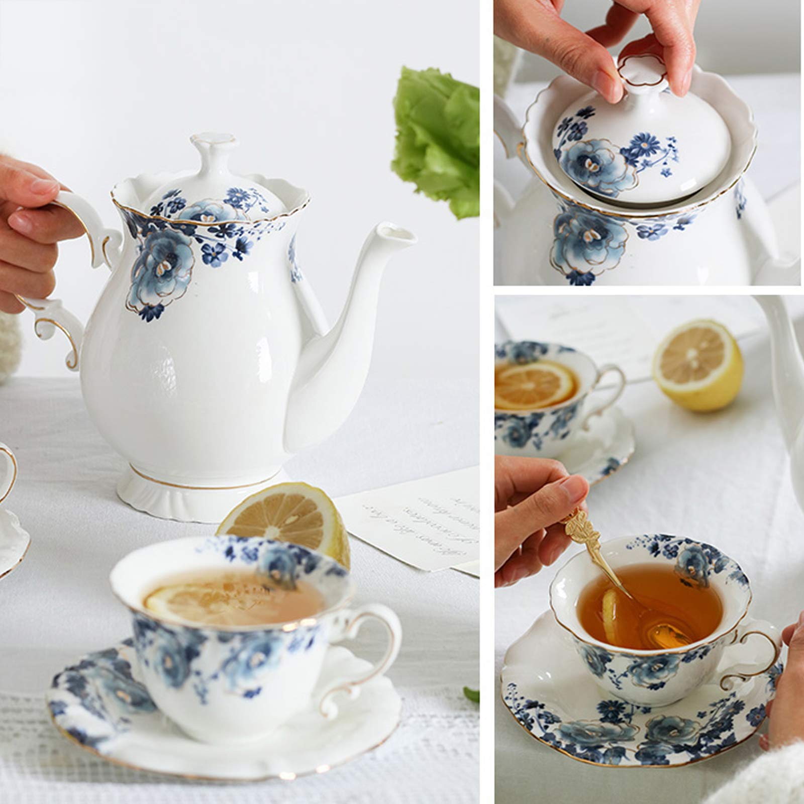 fanquare 21 Pieces Blue Rose British Afternoon Tea Set, Romantic Wedding Birthday Gift Tea Set, Porcelain Coffee Set for Adults