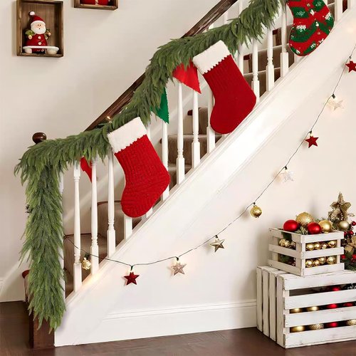 2PCS 6FT Christmas Norfolk Pine Garland, Real Touch Artificial Greenery Garland for Table, Mantle, Wall, Indoor, Outdoor Holiday Decorations