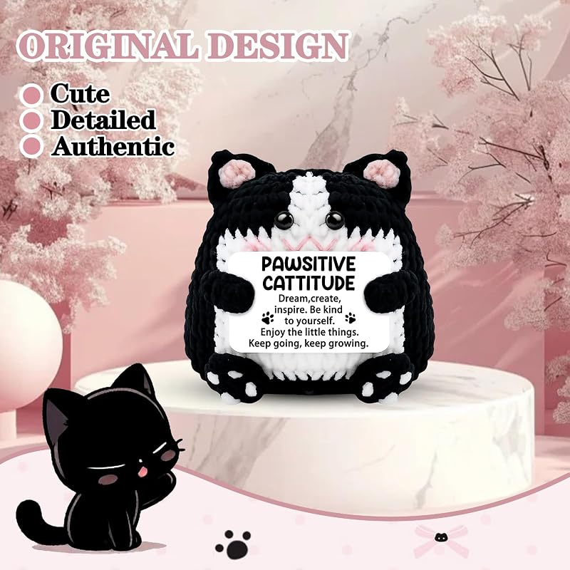Pawsitive Cattitude Crochet Cat – Positive Energy Emotional Support Figurine Gift