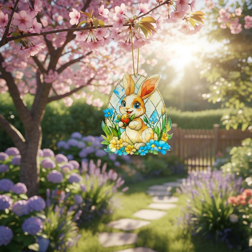 Skiennix Easter Ornaments - Cute Bunny Acrylic Suncatcher | Faux Stained Glass Effect for Home & Basket - Colorful White Bunny Design