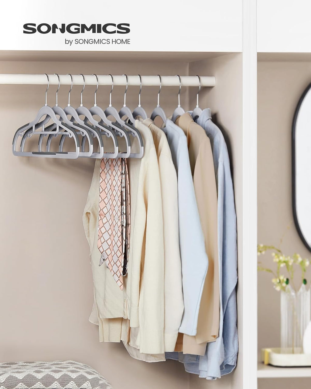 SONGMICS Space-Saving Plastic Coat Hangers - Non-Slip Design, 360° Swivel Hook | Light Gray & Dark Gray, 50-Pack